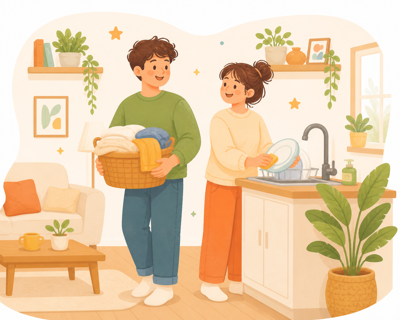 家事を分担しているイラスト